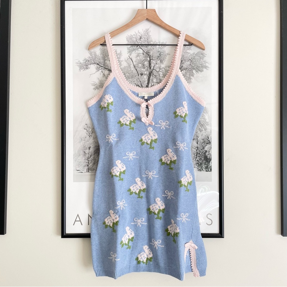LoveShackFancy Lopez Mini Dress Periwinkle Orchard Large Knit NWT - Picture 10 of 16